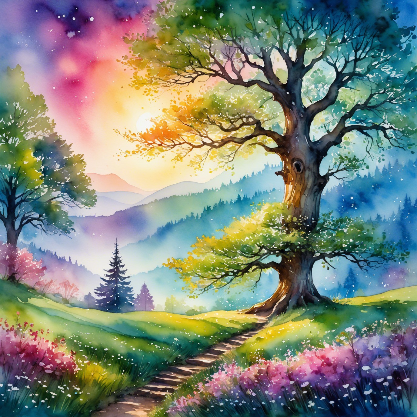 Watercolor Landscape with Tree and Misty Mountains