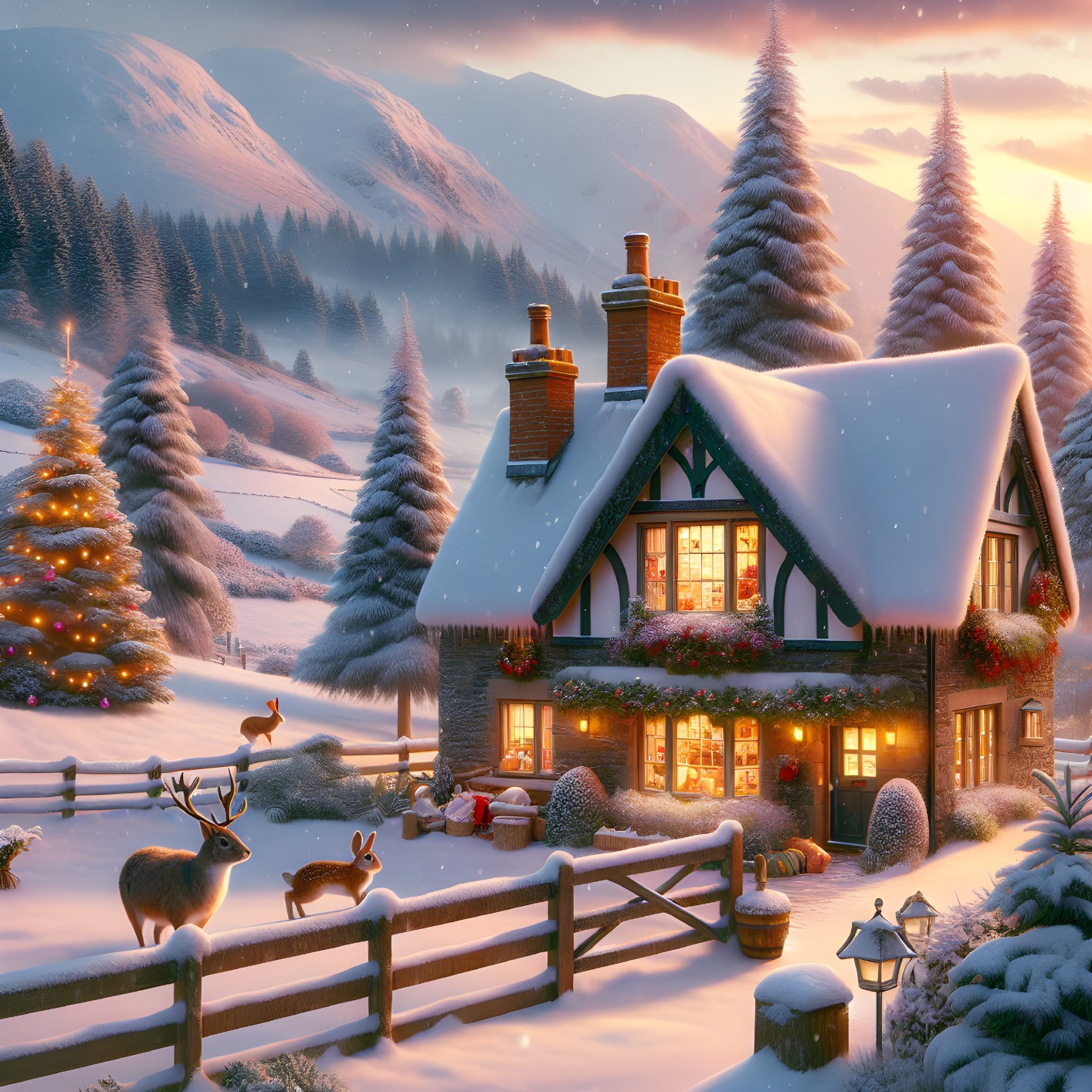 Cozy Cottage in a Serene Winter Wonderland Scene