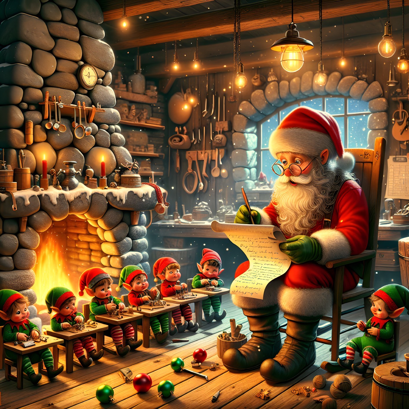 Santa Claus in Workshop with Elves and Christmas Decor
