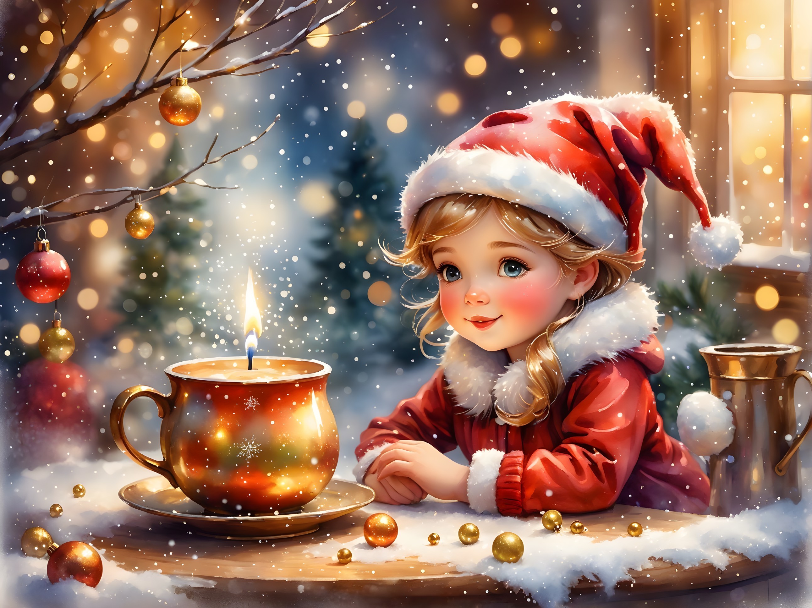 Charming Winter Scene with Girl in Festive Outfit