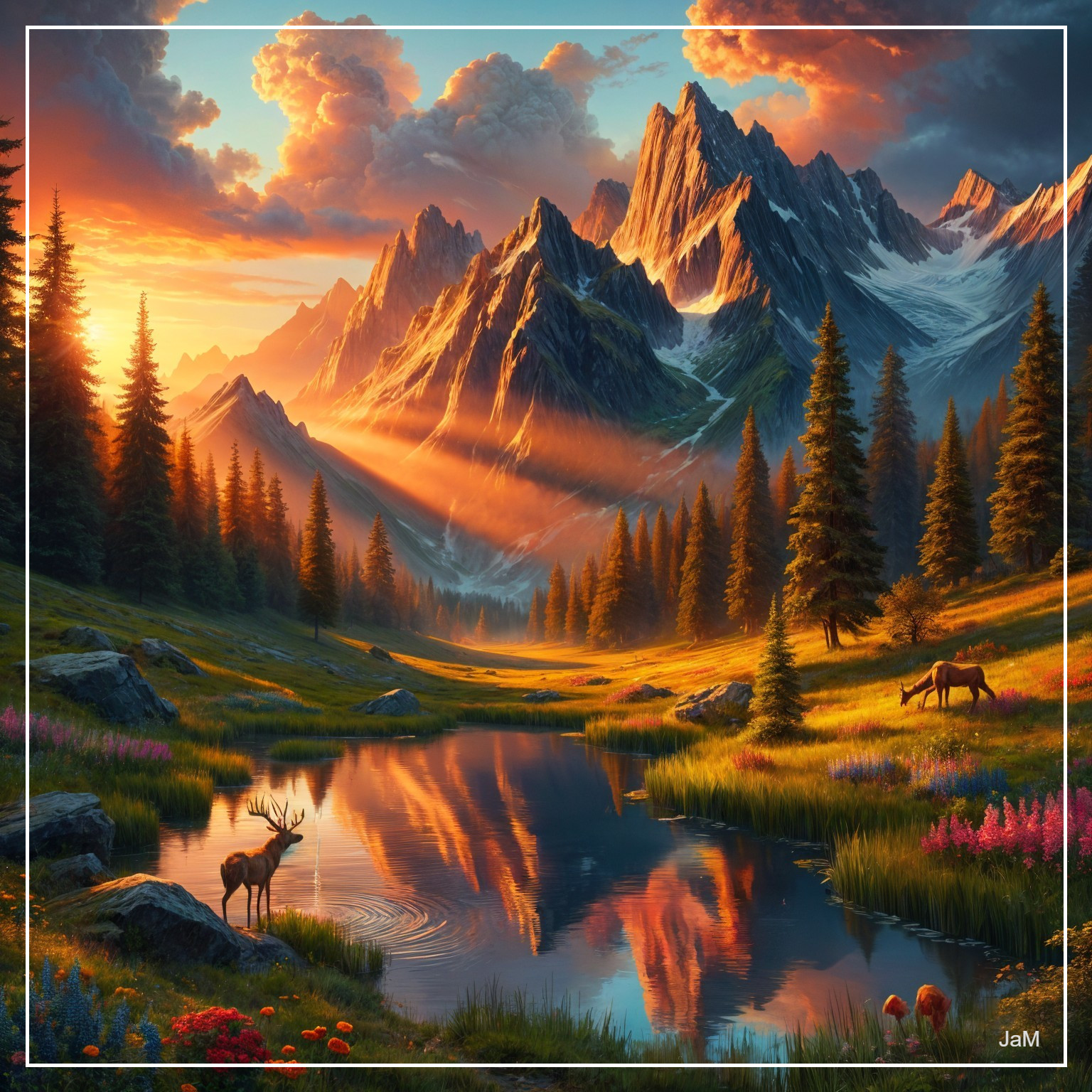 Sunset Landscape with Mountains, Lake, and Deer