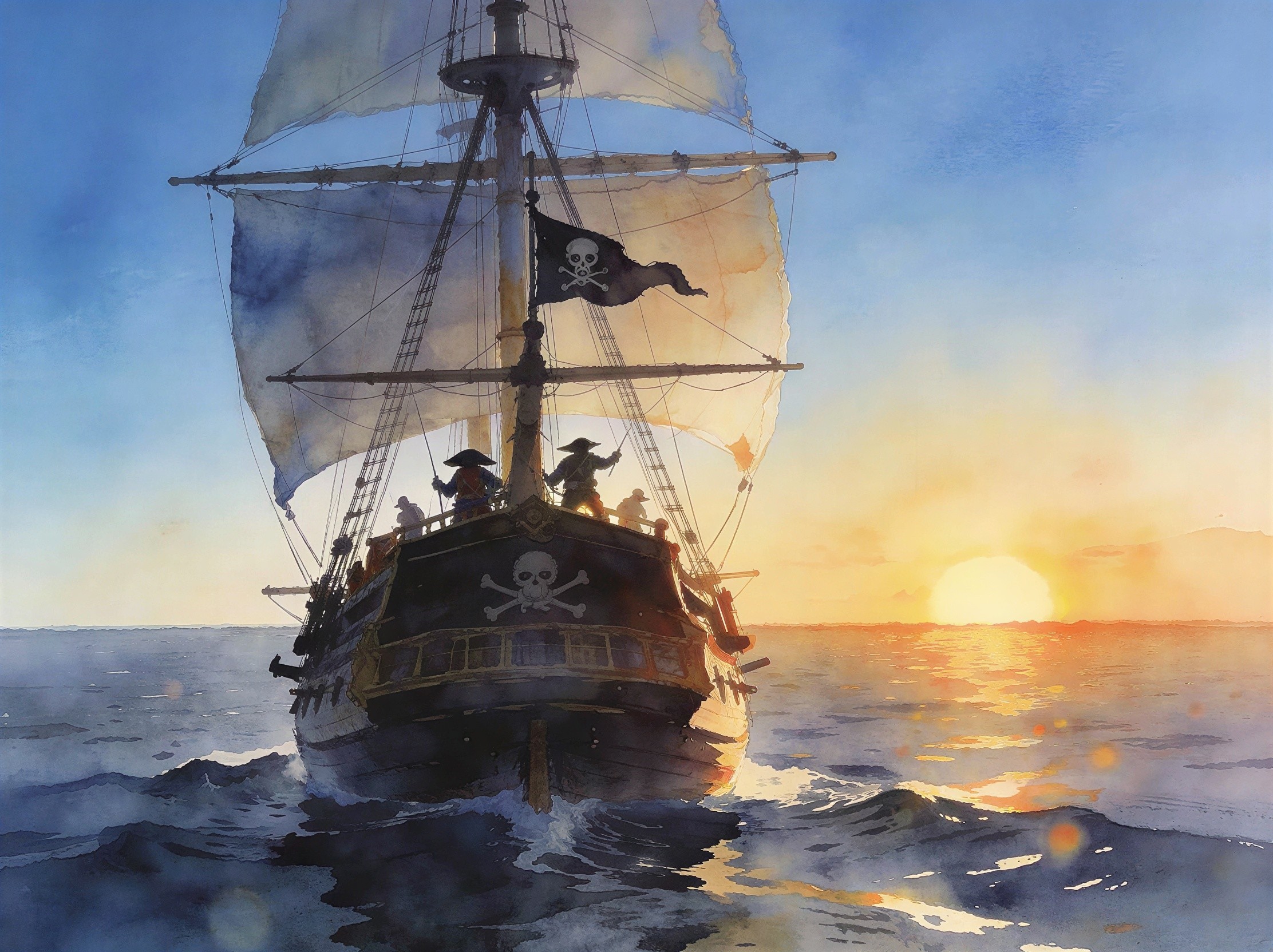 Watercolor of Black Pirate Ship Sailing the Ocean