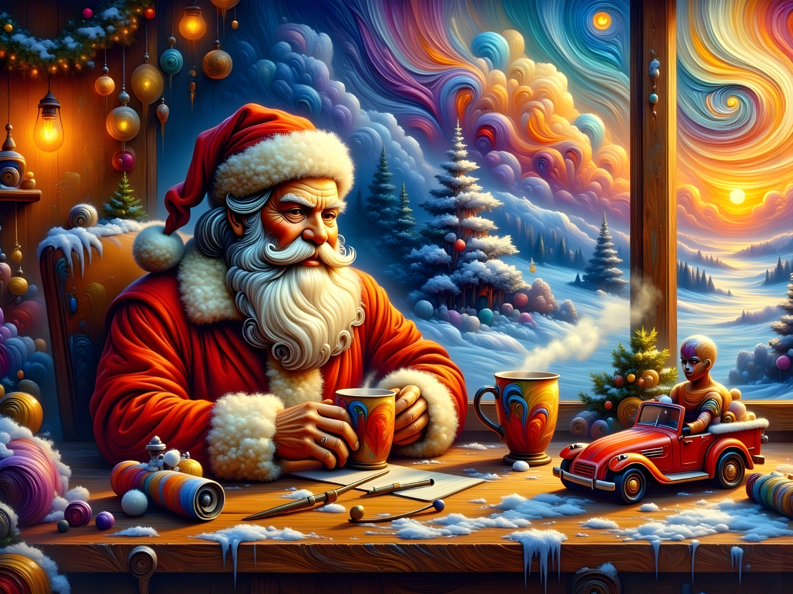 Santa Claus in a Festive Cozy Setting with Decorations
