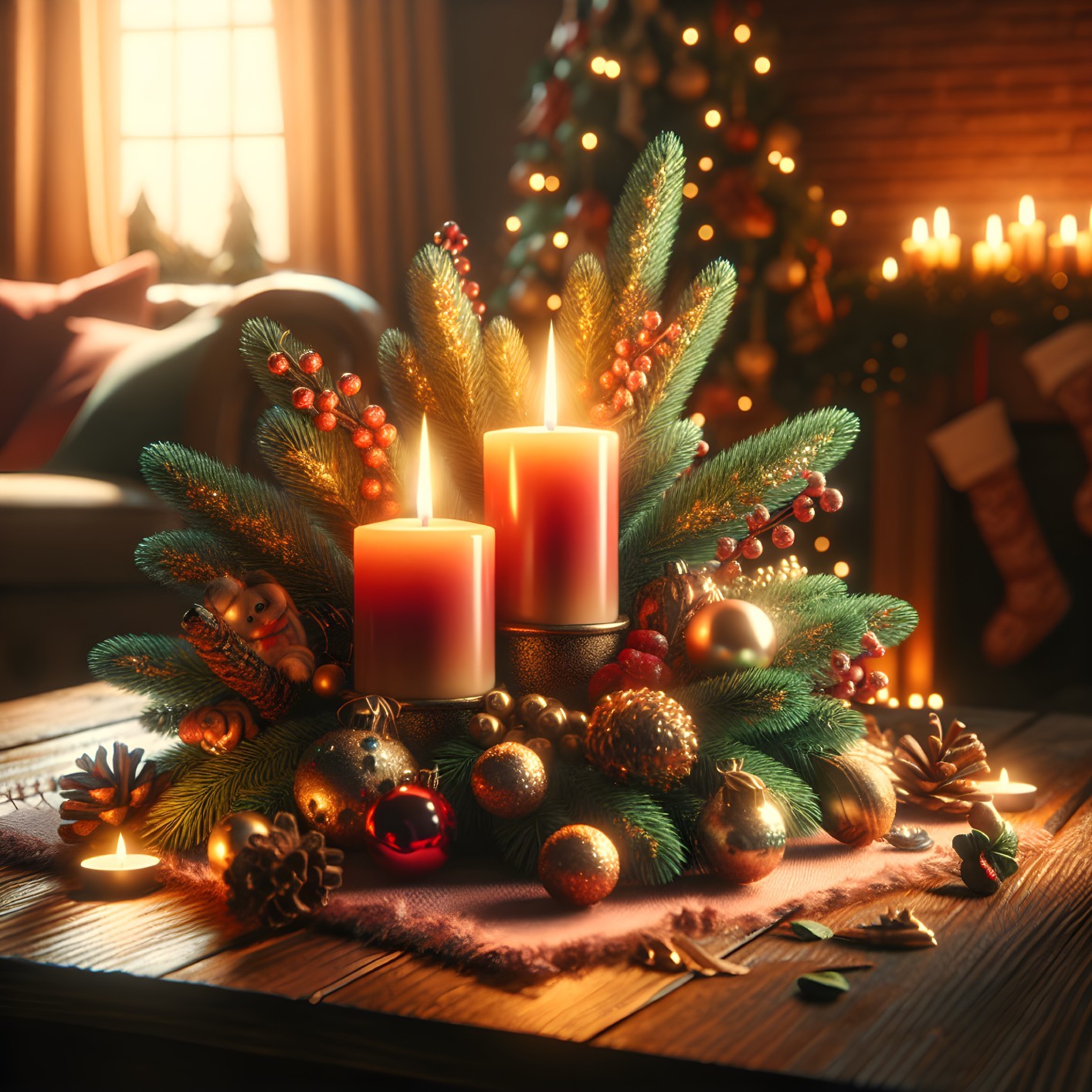 Cozy Holiday Scene with Candles and Christmas Decor