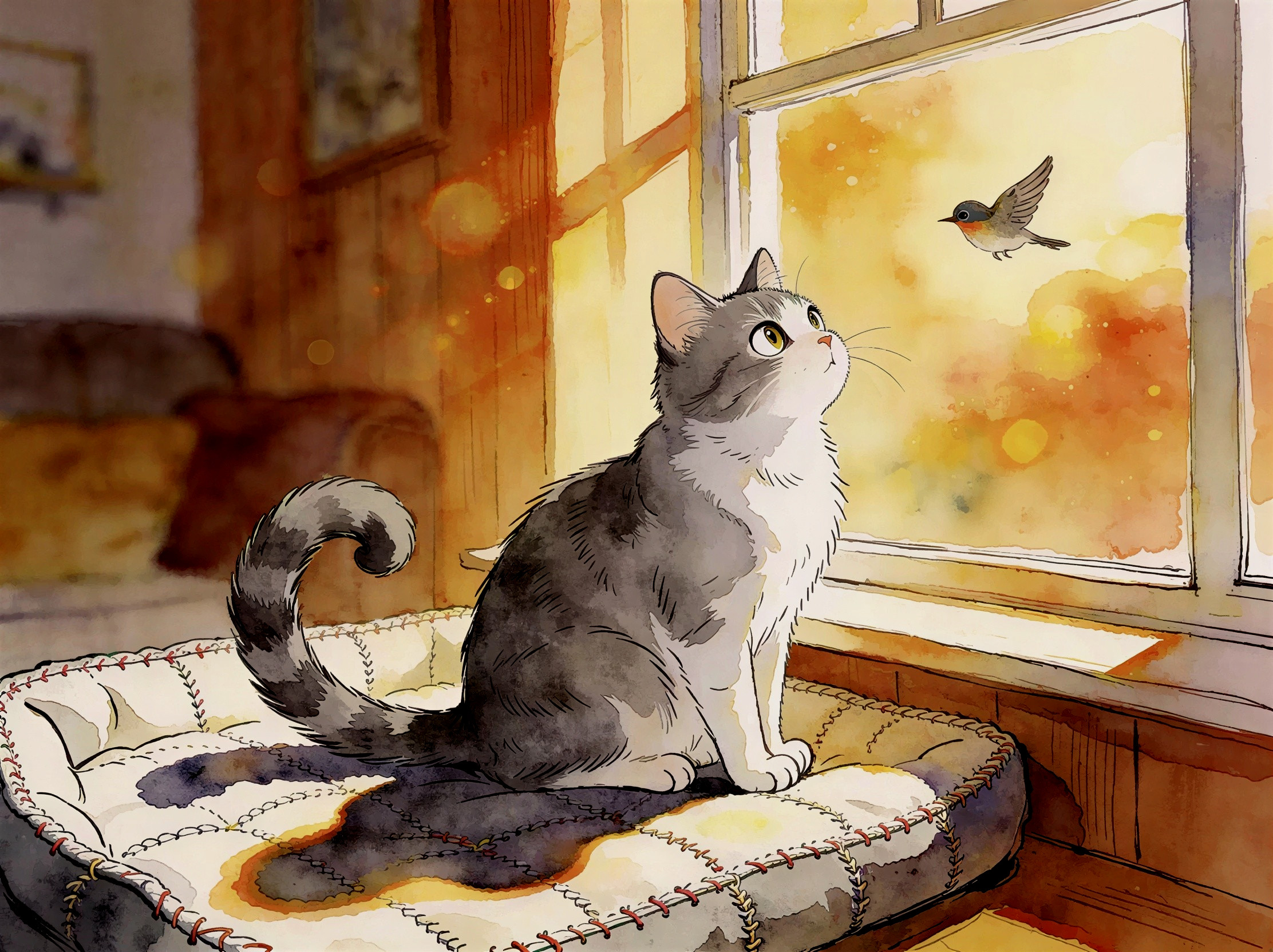 Watercolor Painting of Cat Watching Bird by Window