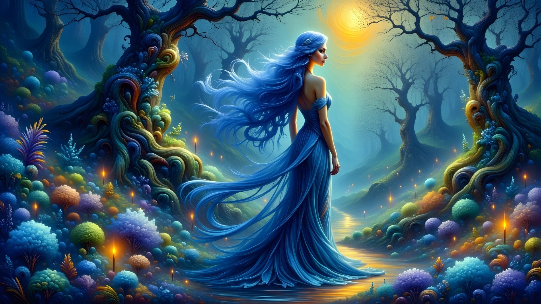 Young woman in blue gown in a fantastical forest