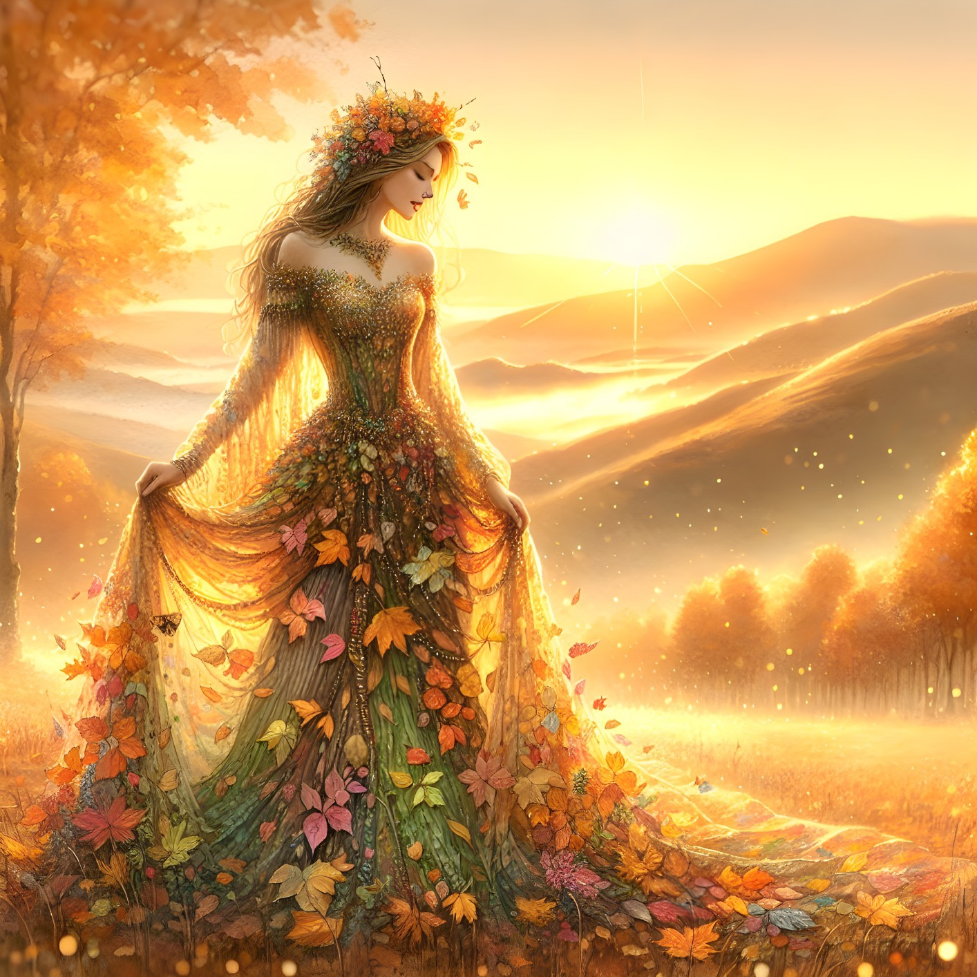 Graceful Figure in Autumn Landscape with Floral Gown