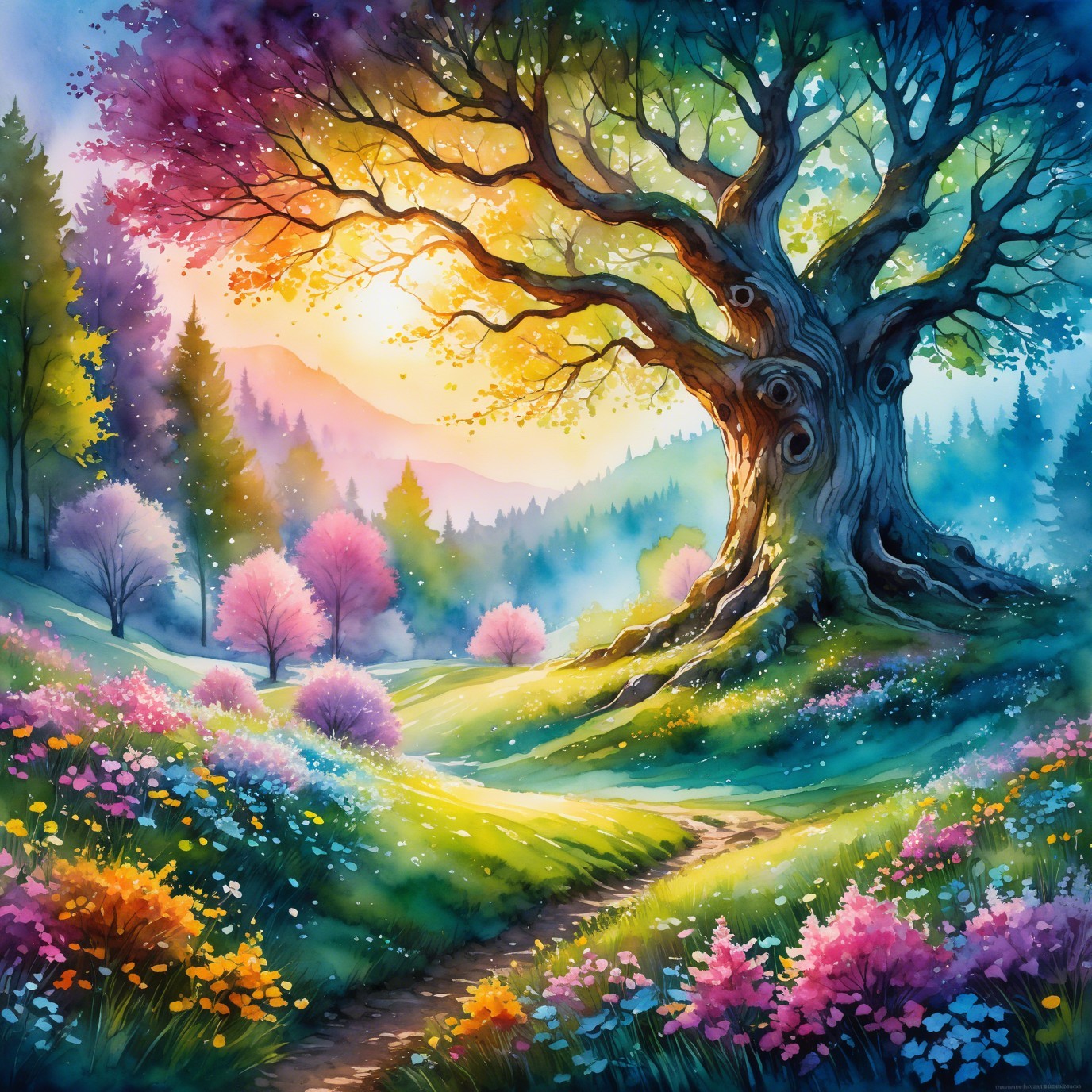 Vibrant Landscape with Twisted Tree and Colorful Foliage