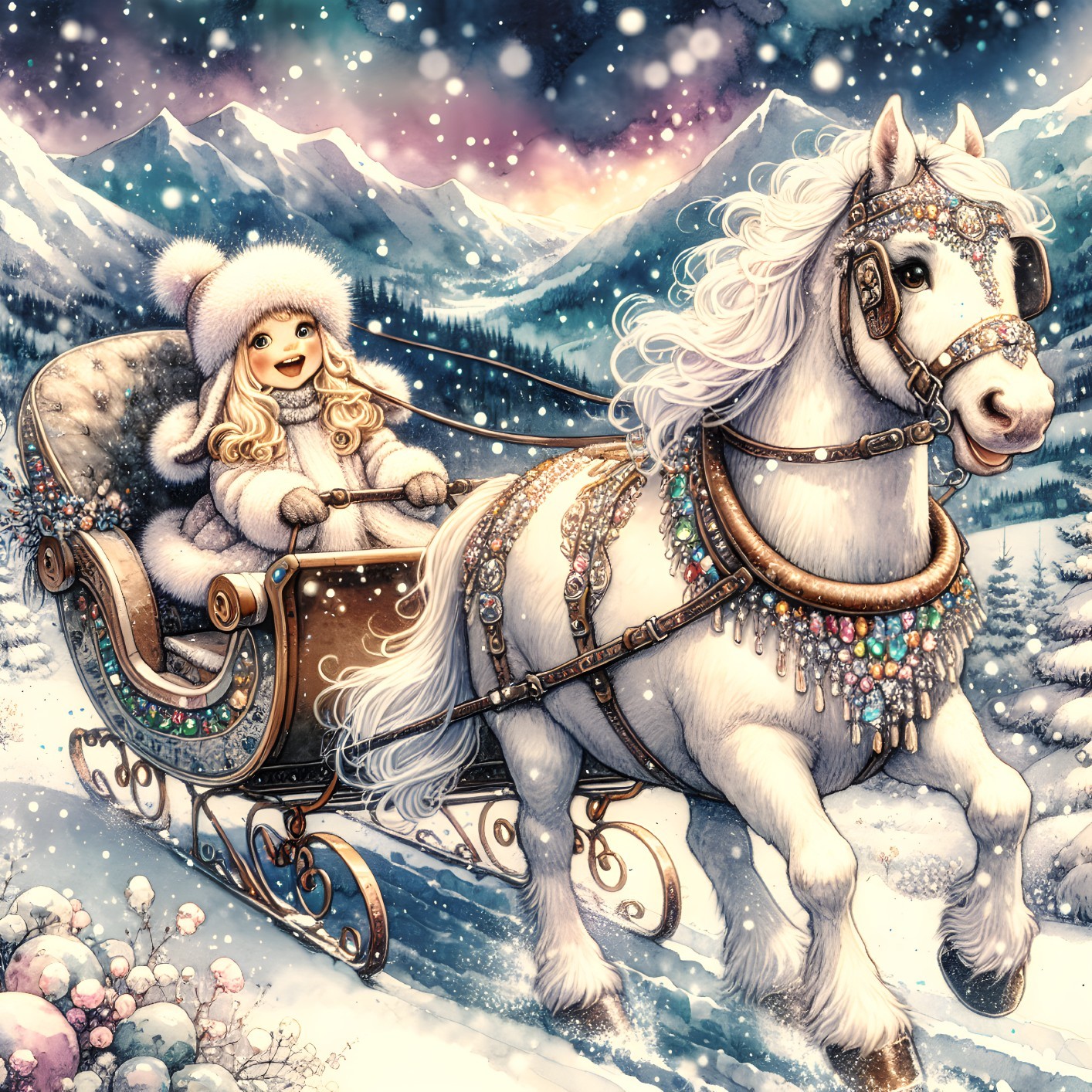 Charming Winter Scene with Girl in Sleigh and Horse