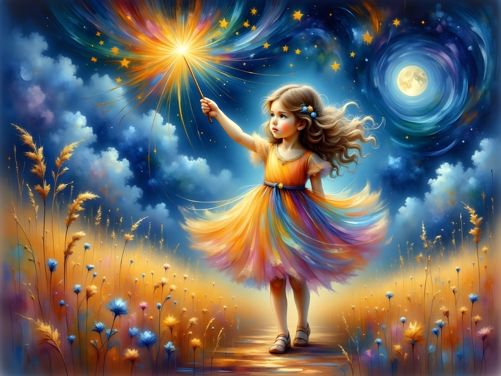 Digital Illustration of Girl with Sparkler in Night Sky