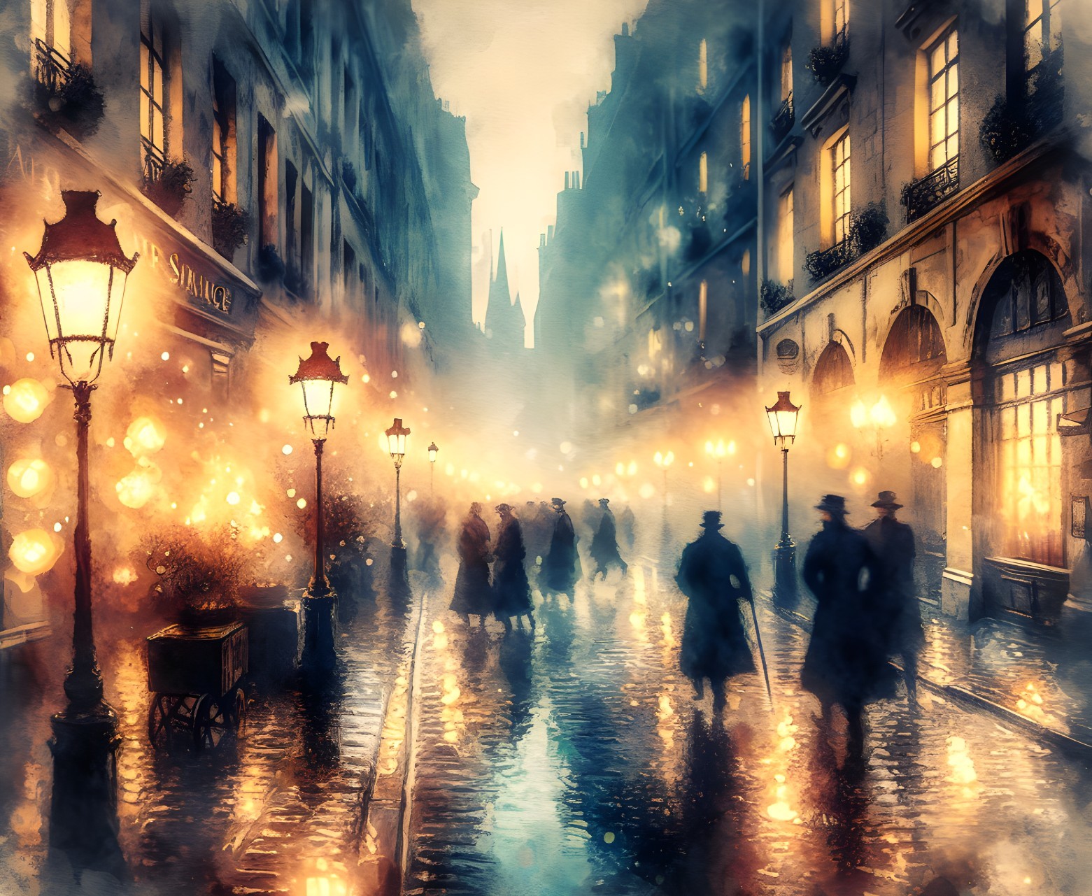 Misty Twilight Street Scene with Vintage Street Lamps