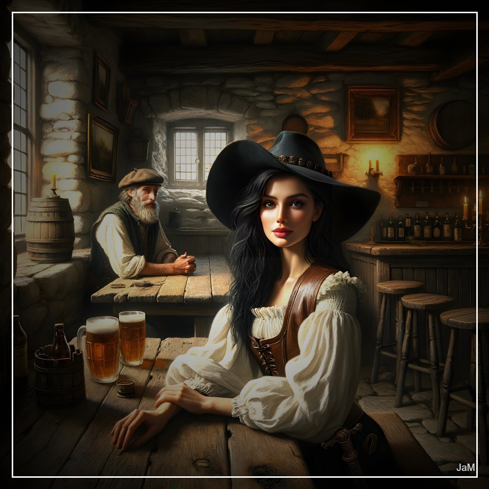 Young Woman in Rustic Tavern with Medieval Atmosphere