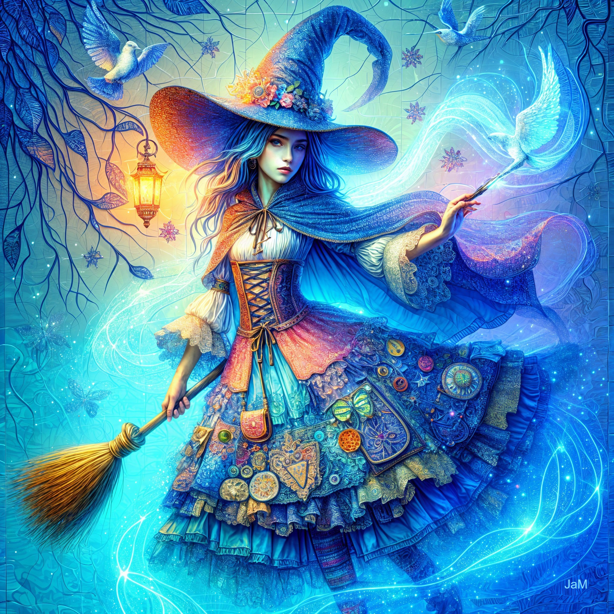 Mystical witch in vibrant blue landscape with magic wand