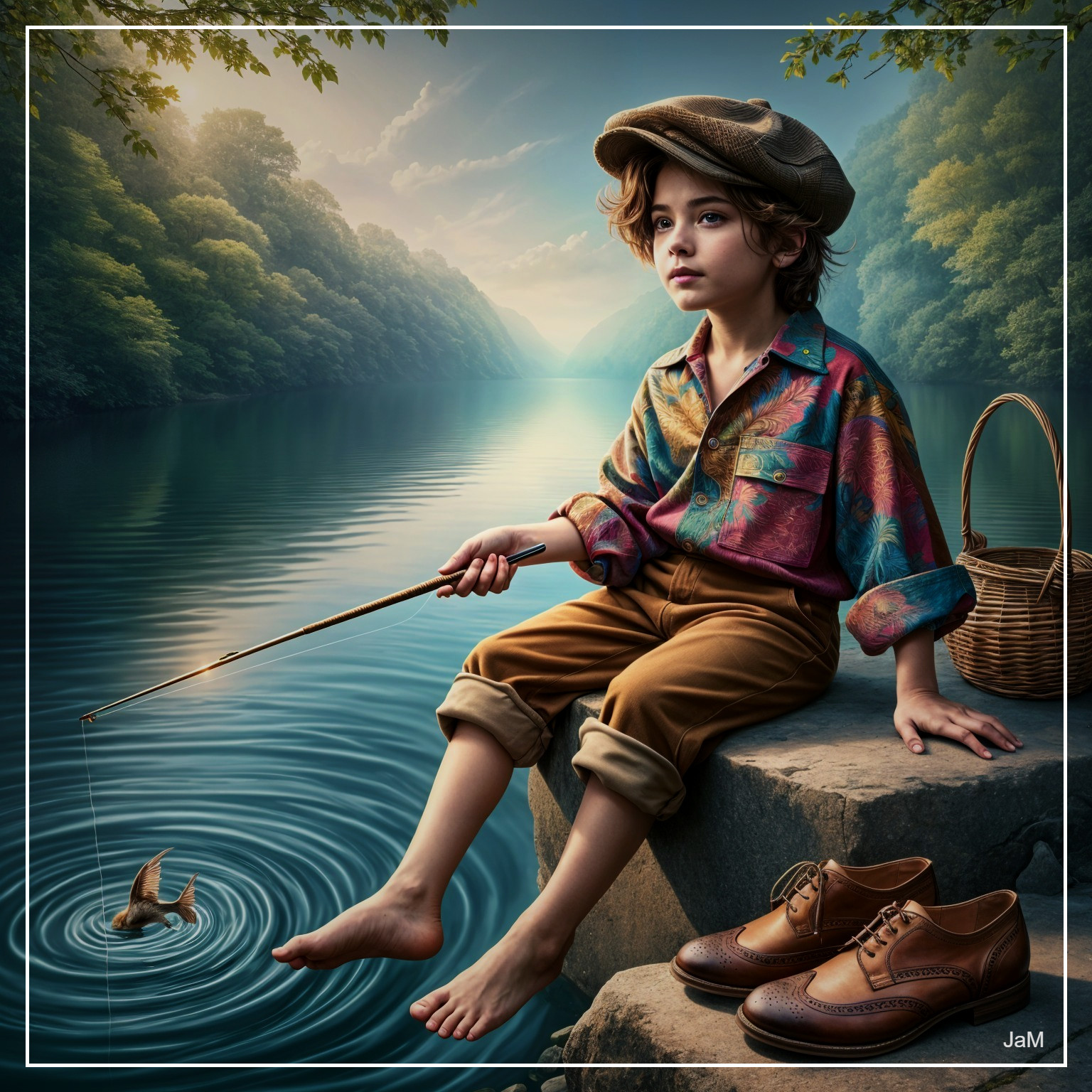 Young boy fishing by a serene river with picnic basket