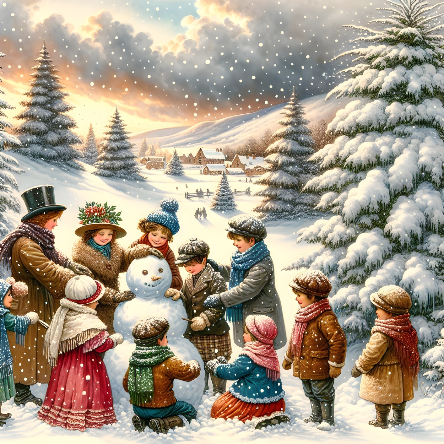 Cheerful Winter Scene with Snowman and Victorian Attire