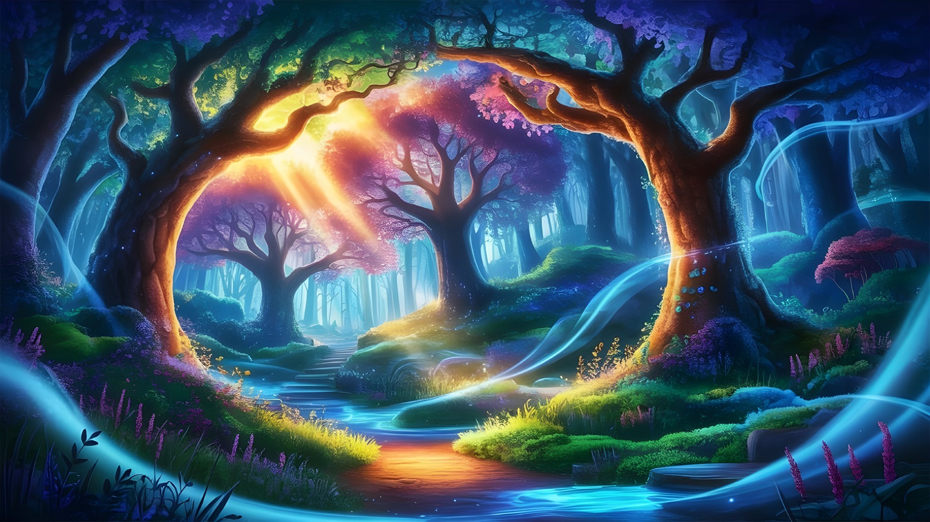 Vibrant Fantasy Forest with Glowing Stream and Trees