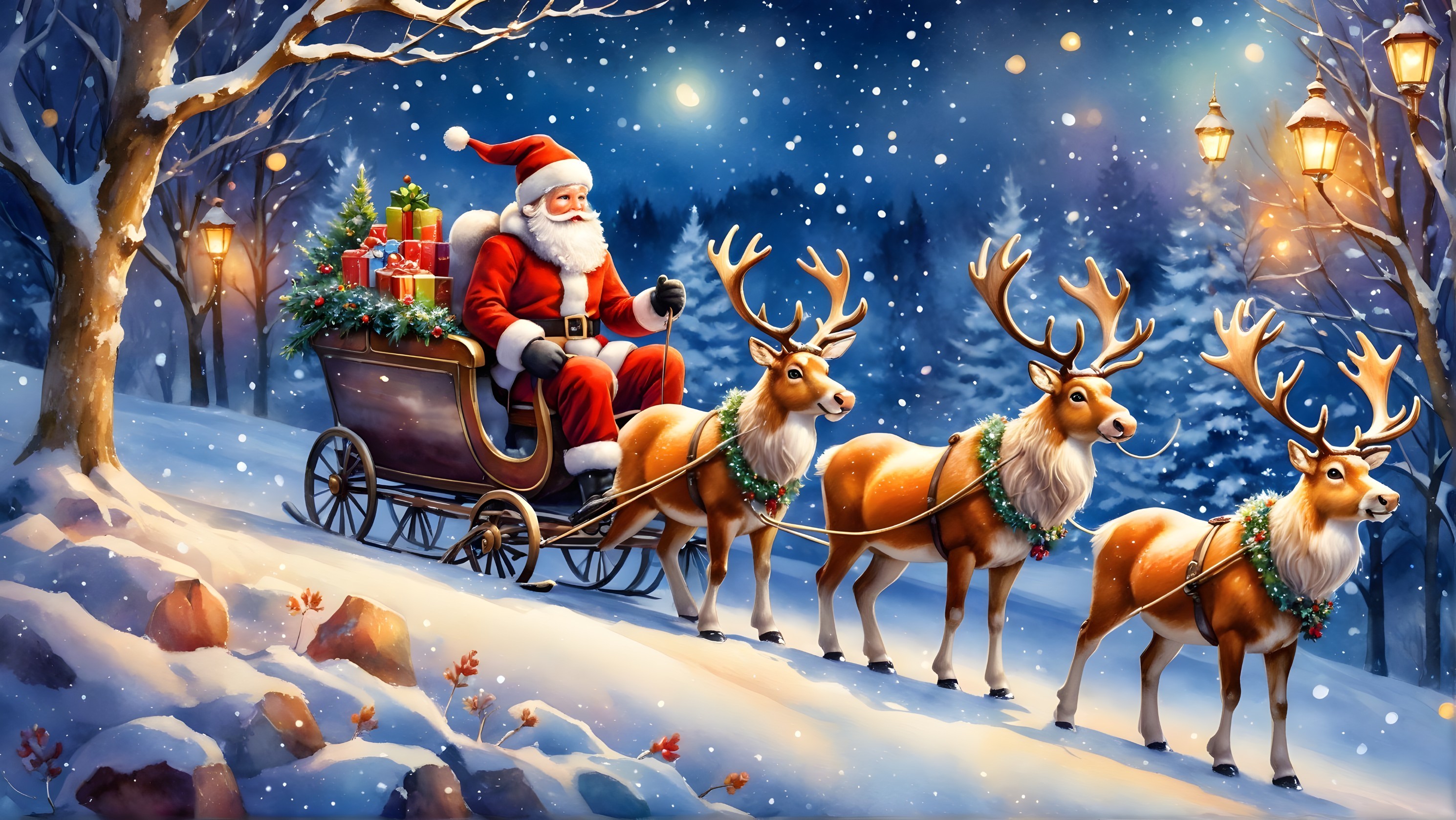 Santa Claus in a decorated sleigh with reindeer