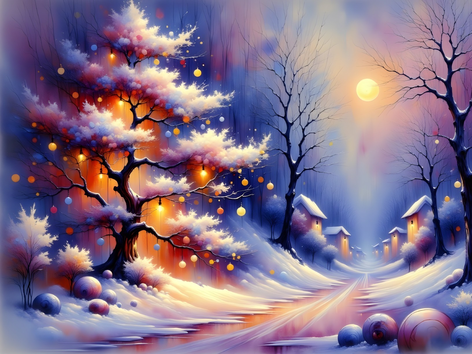 Serene Winter Landscape with Decorative Lights and Snow