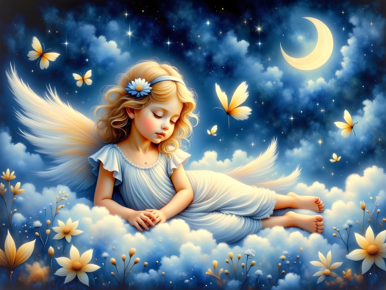 Young girl resting on clouds in a starry night sky