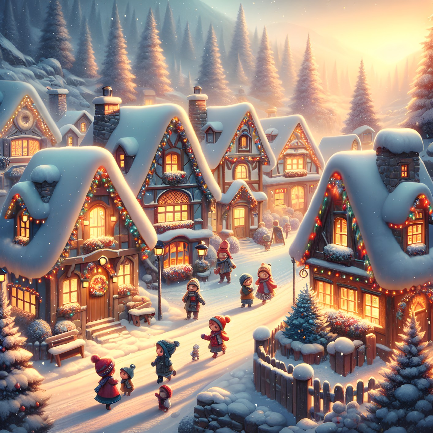 Winter Village Scene with Snow and Festive Decor