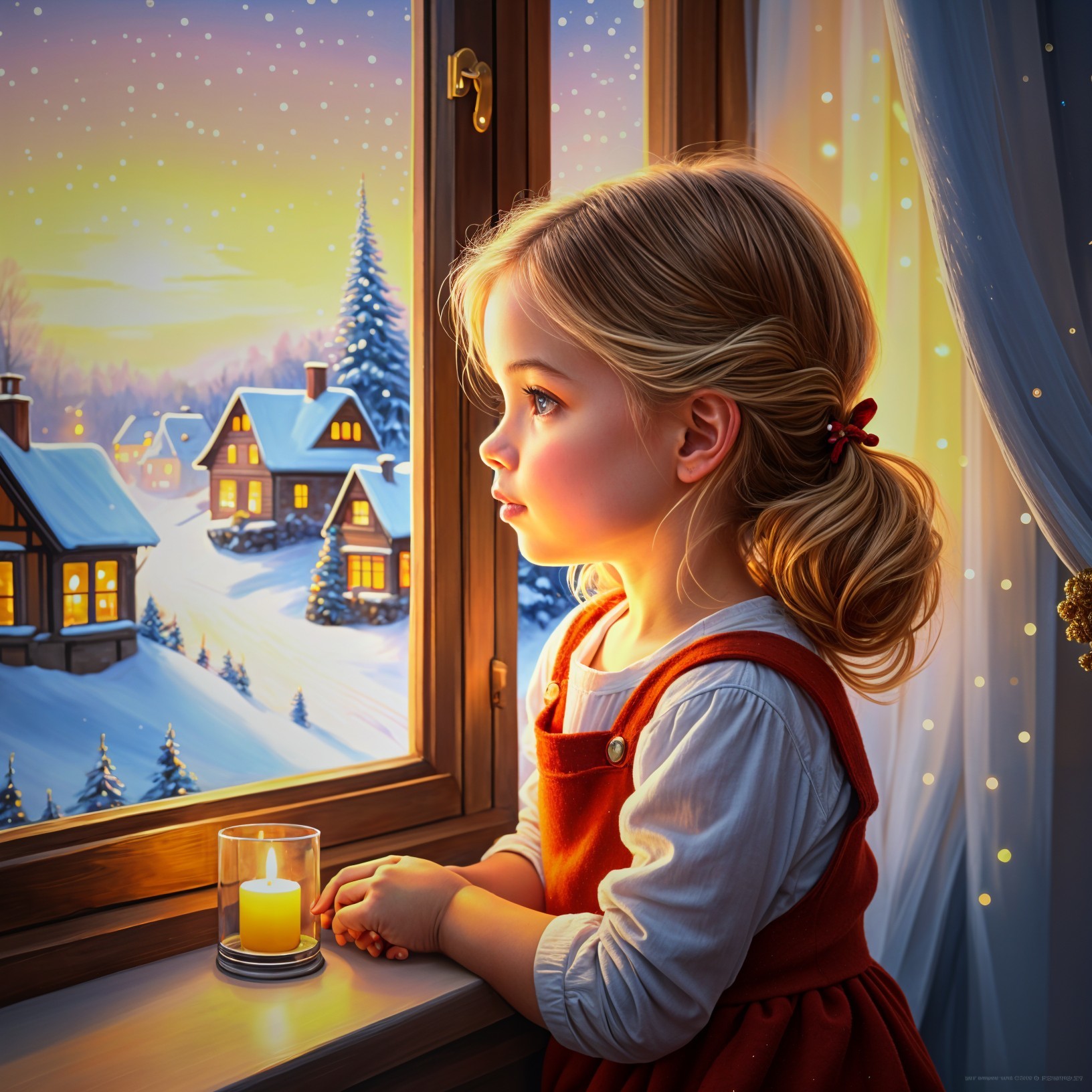 Young girl gazing at winter landscape through window