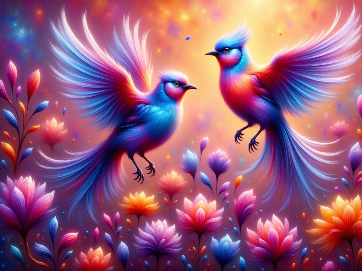 Vibrant Birds in Ethereal Garden with Colorful Flowers