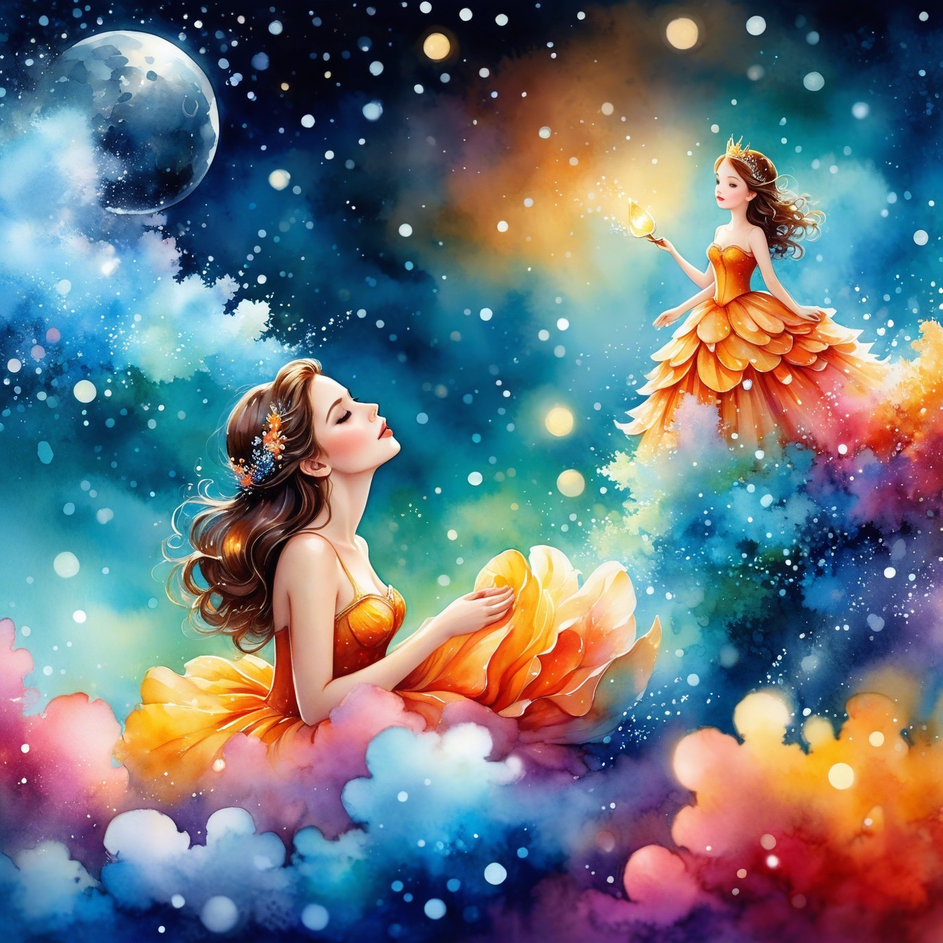 Dreamlike Scene of a Girl in Orange Gown with Stars