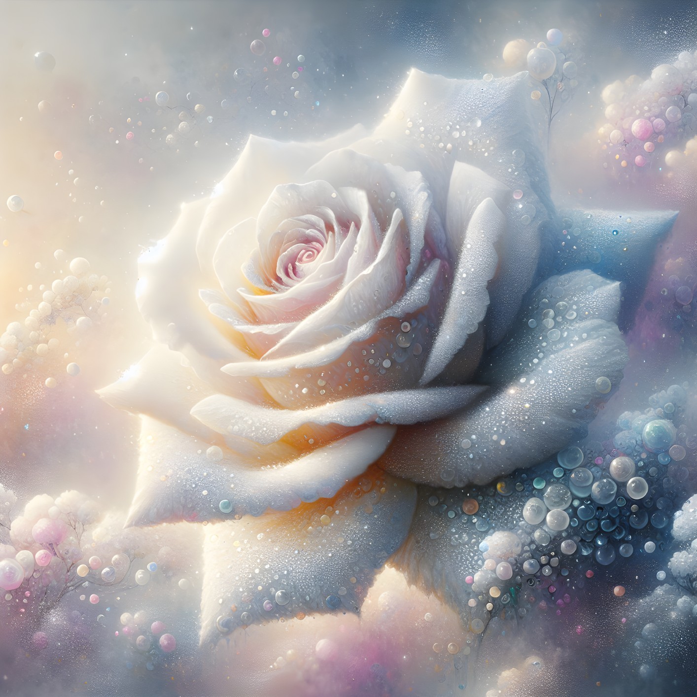 White Rose with Water Droplets in Dreamy Atmosphere