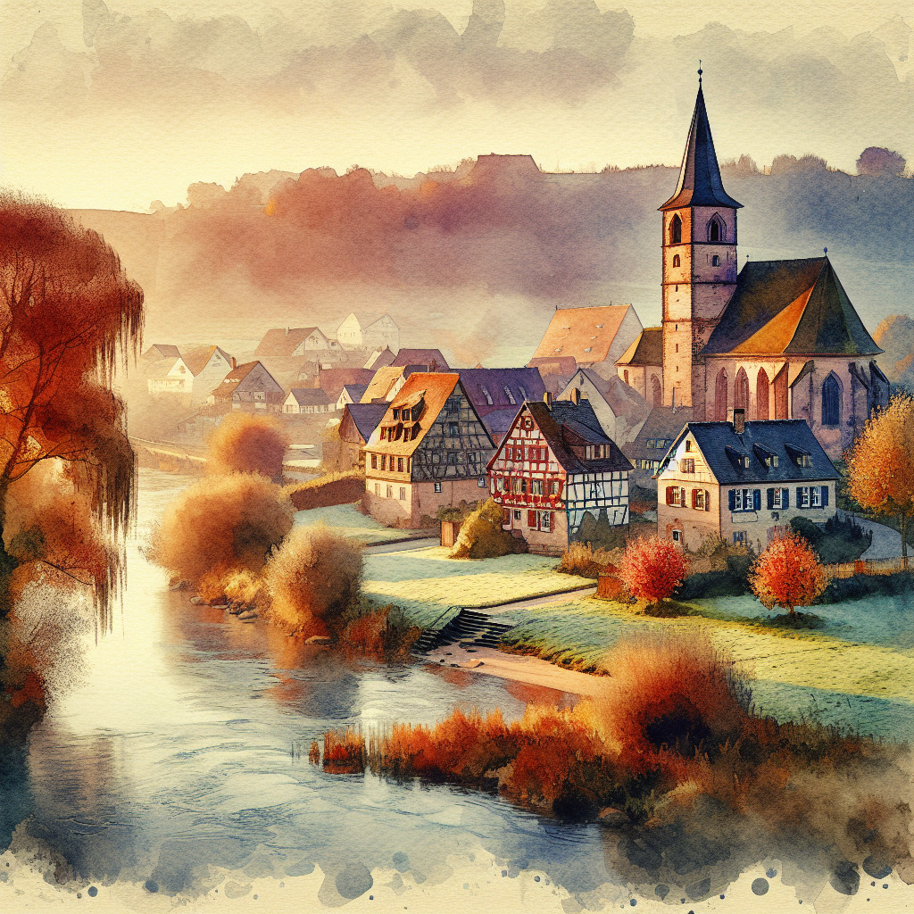 Watercolor Village Scene by a River in Autumn
