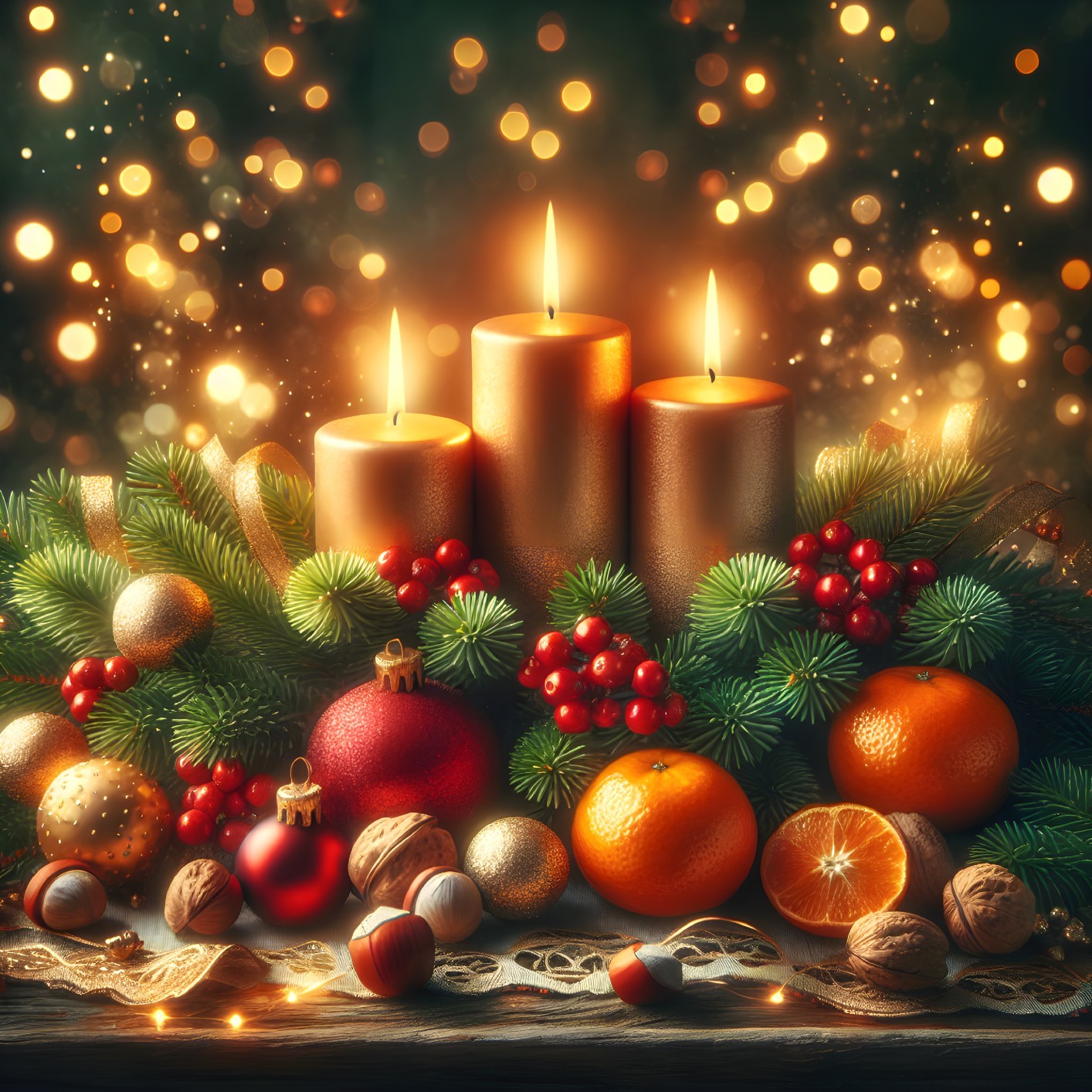 Cozy Holiday Arrangement with Candles and Pine Decor