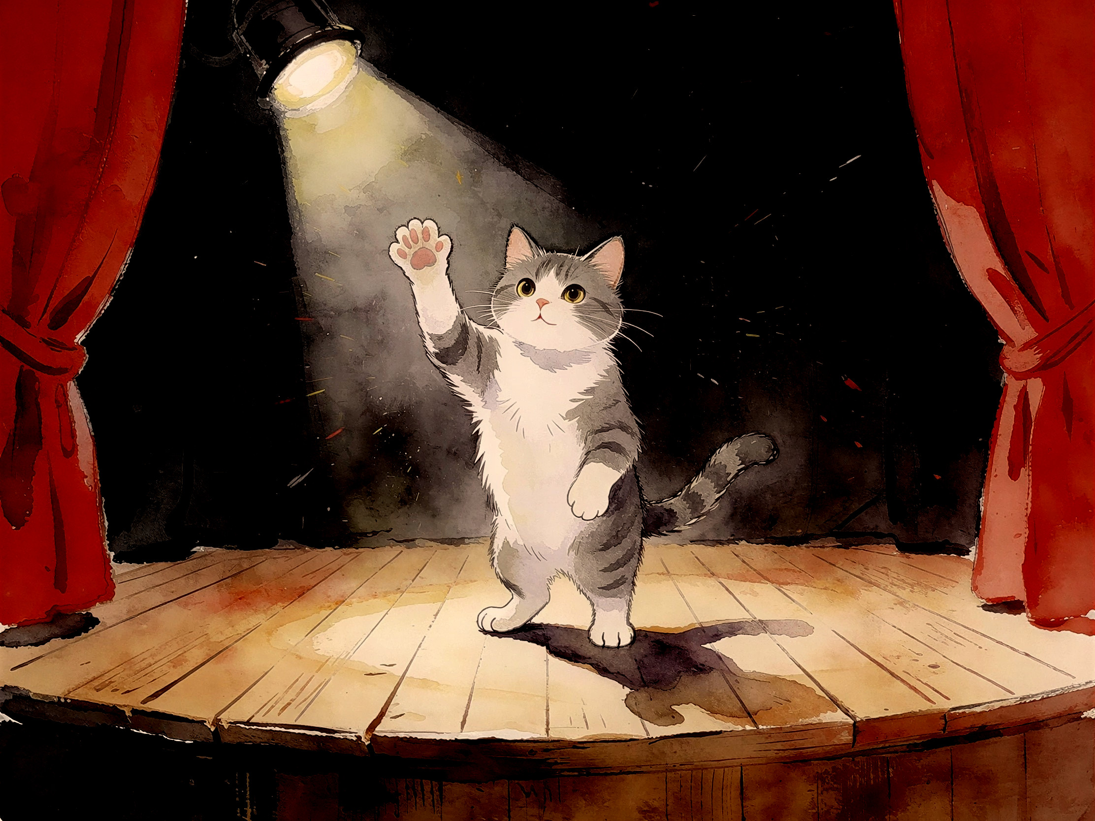 Watercolor Painting of a Tabby Cat on Stage