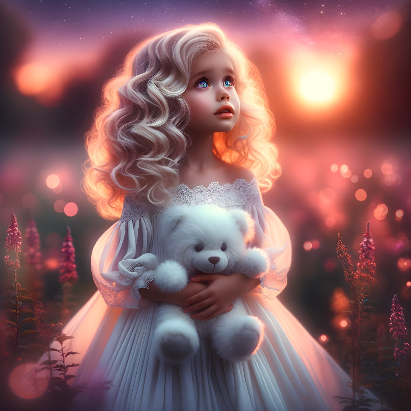 Young girl in white dress among glowing flowers at sunset