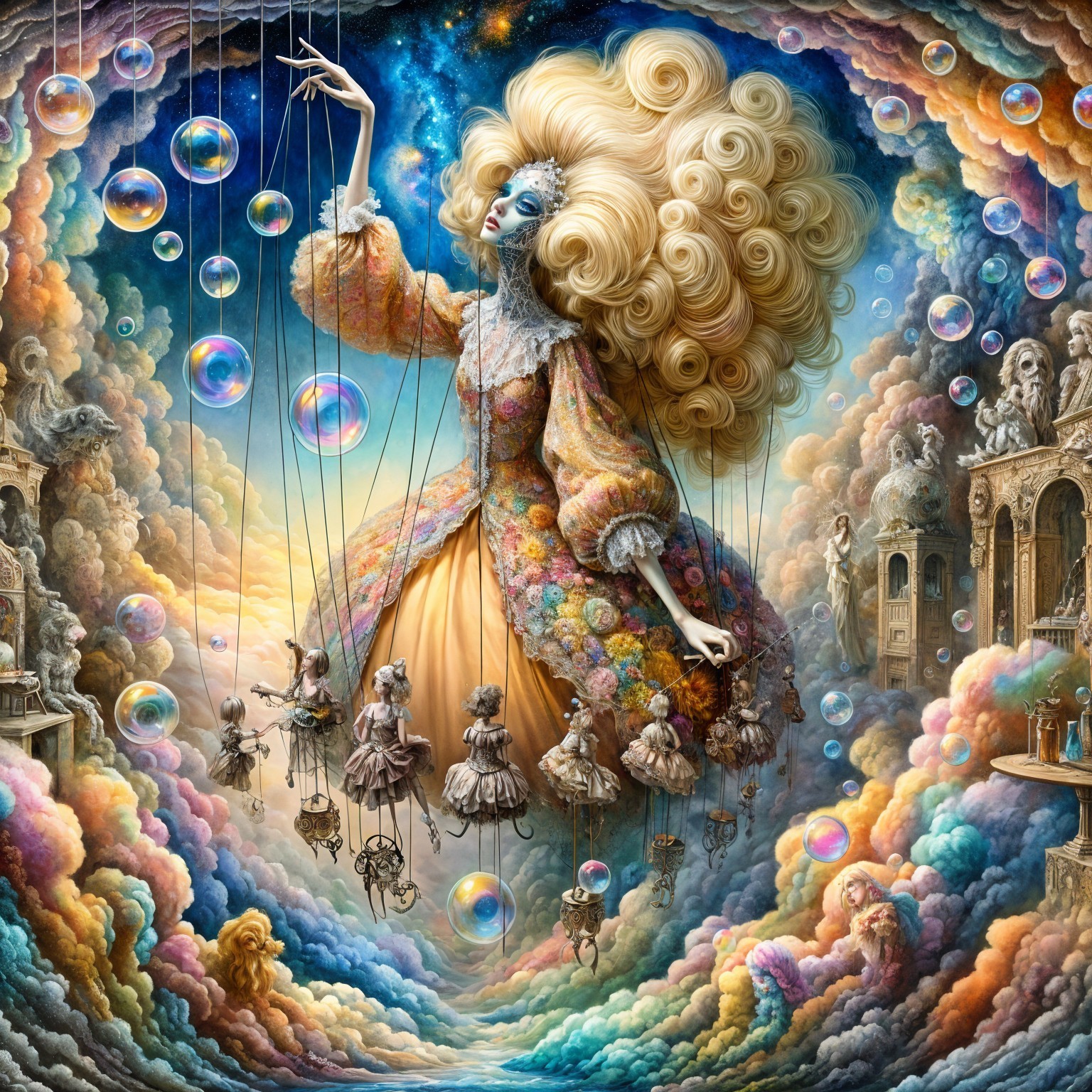 Whimsical Figure Controlling Marionettes in Dreamlike Scene