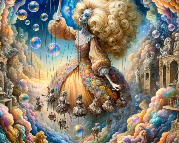 Whimsical Figure Controlling Marionettes in Dreamlike Scene