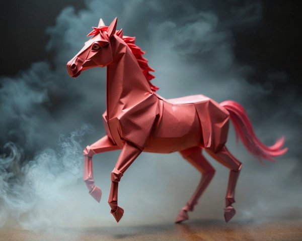 Vibrant Pink Origami Horse in Swirling Mist
