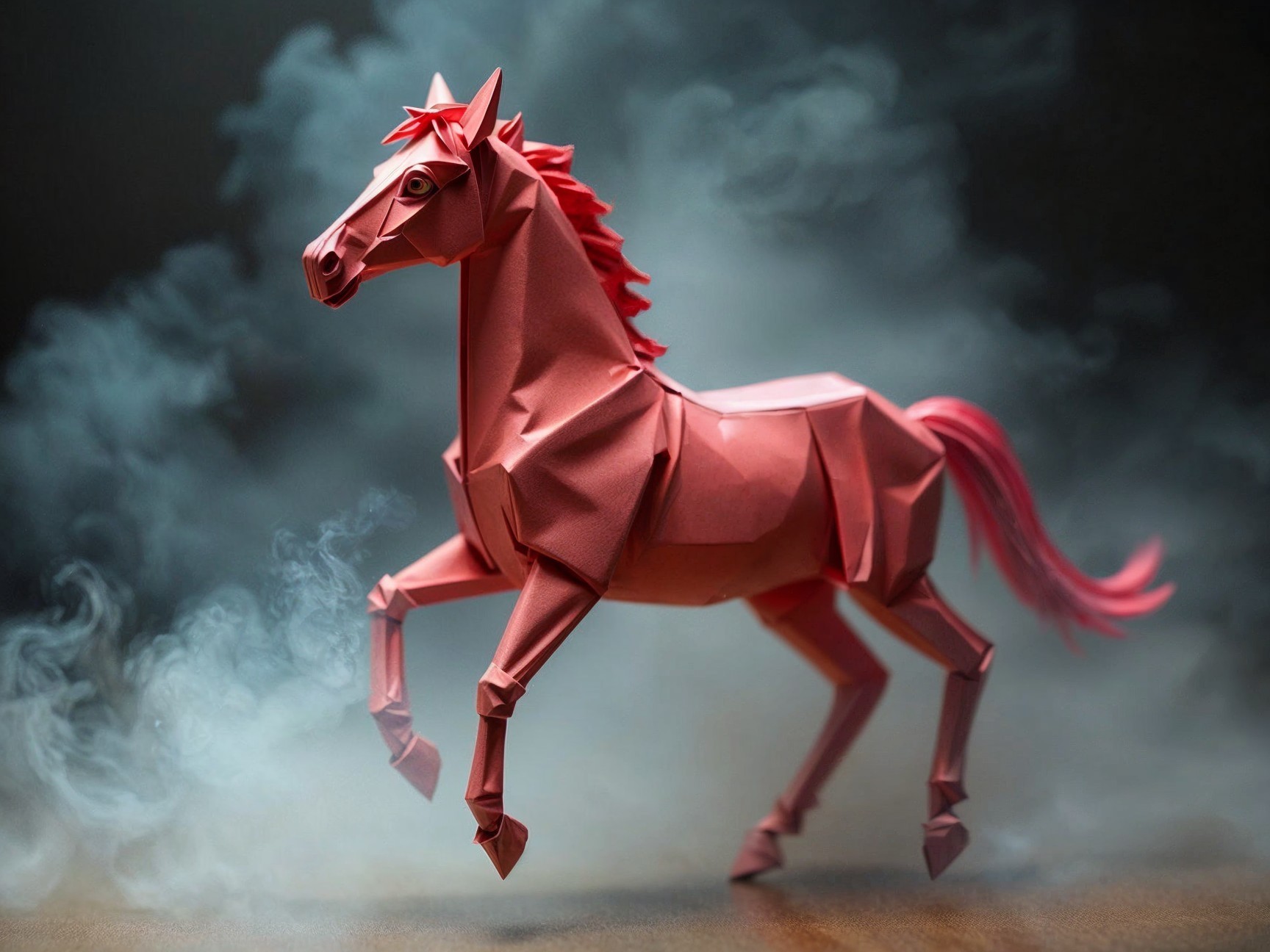 Vibrant Pink Origami Horse in Swirling Mist