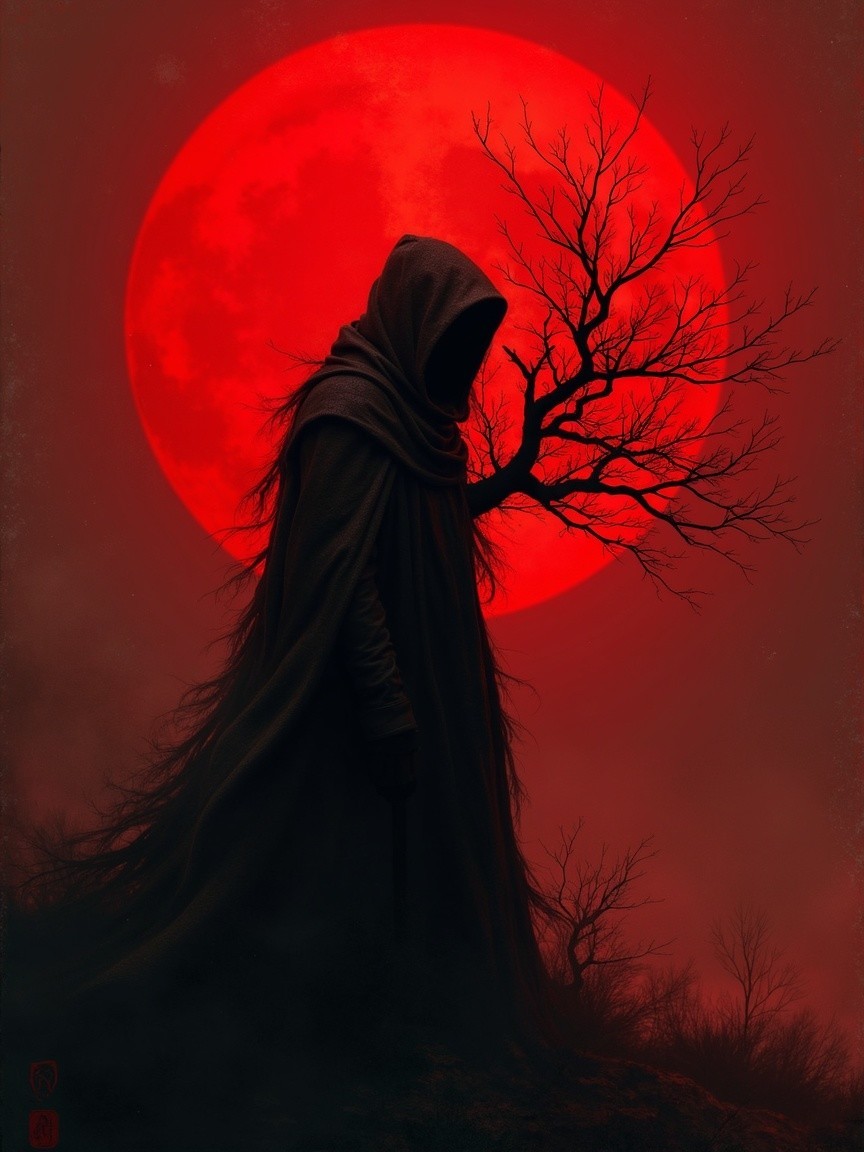 Cloaked Figure Silhouetted Against Red Moon and Tree