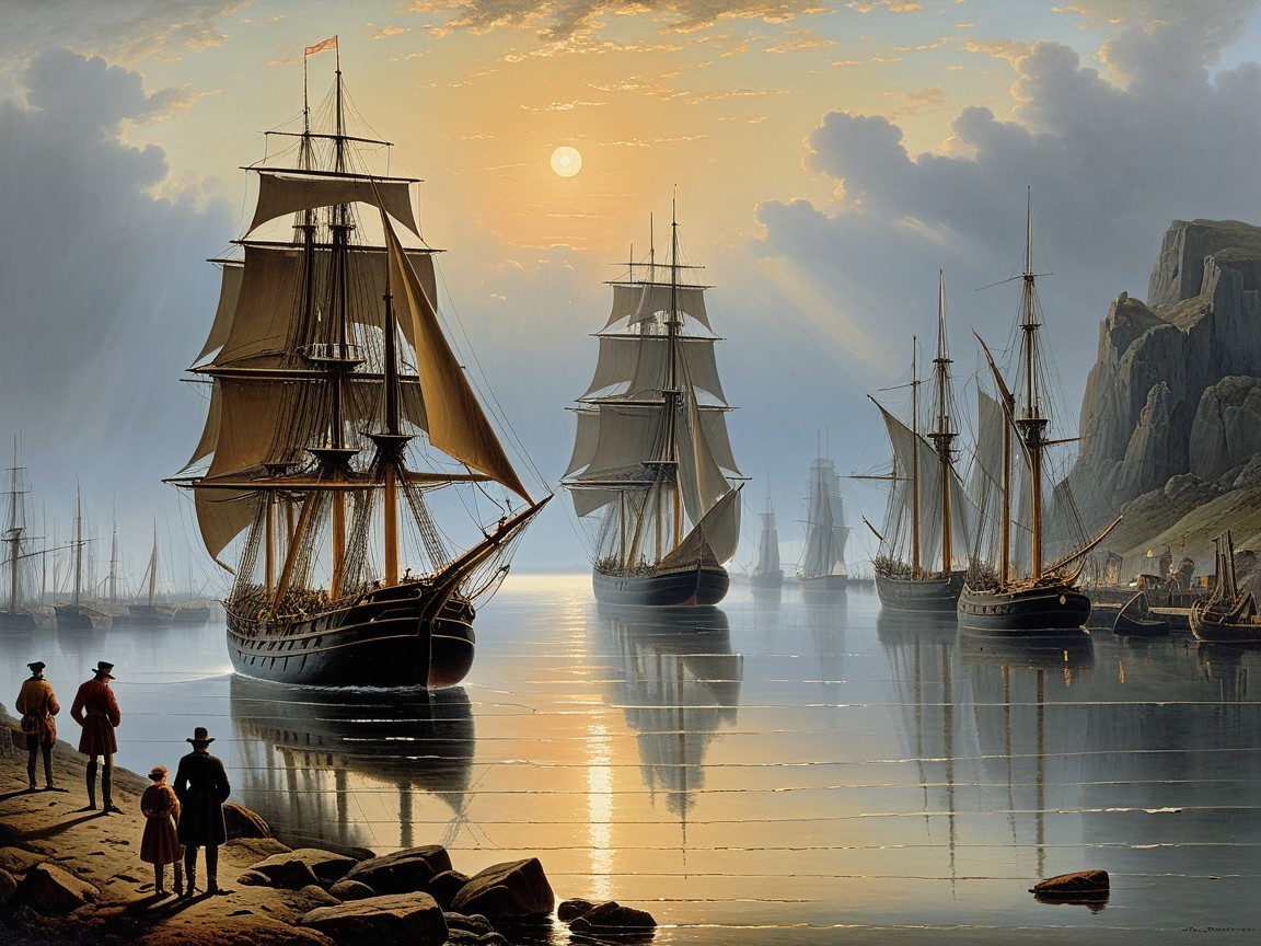 Tranquil Sunrise Harbor with Tall Ships and Cliffs