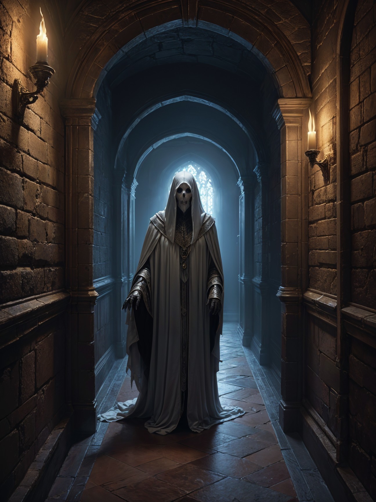 Cloaked Figure in Dimly Lit Stone Corridor