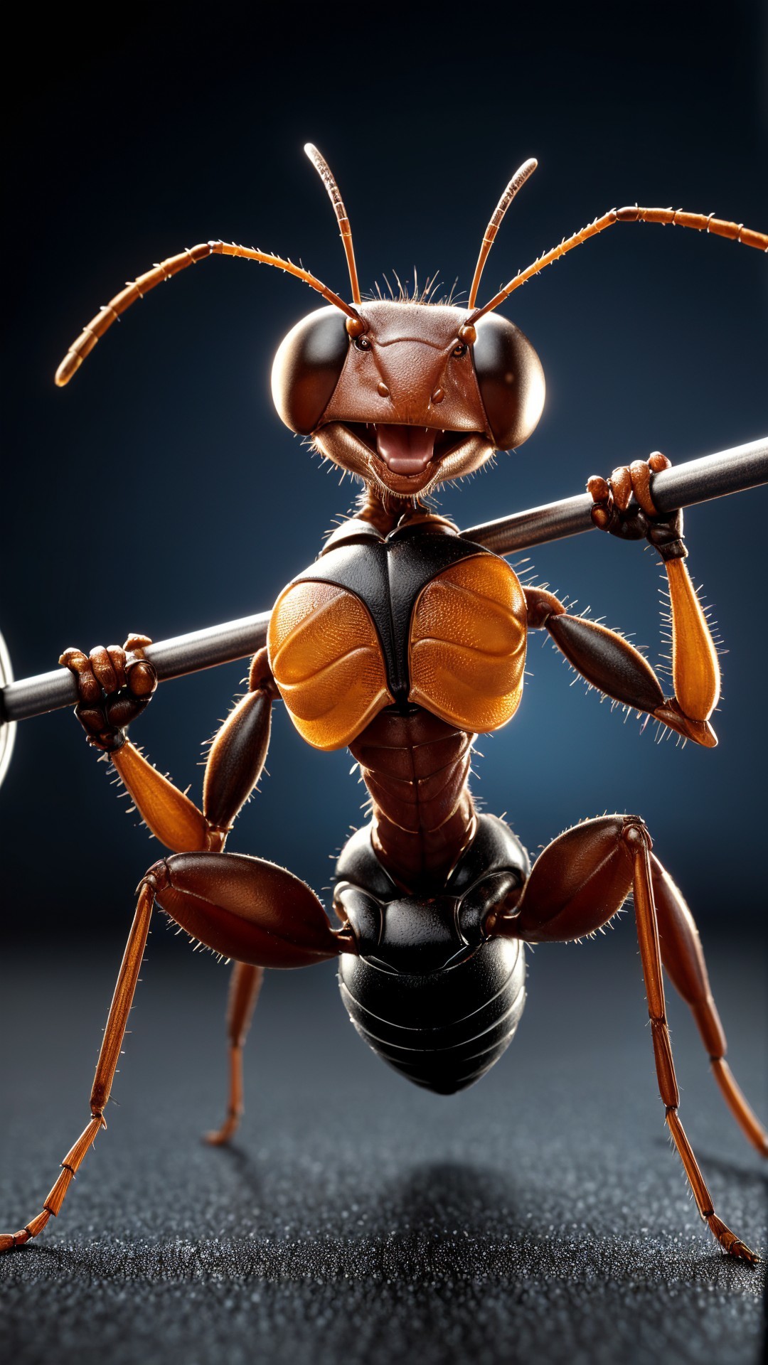 Cartoon Ant with Barbell in Whimsical Setting