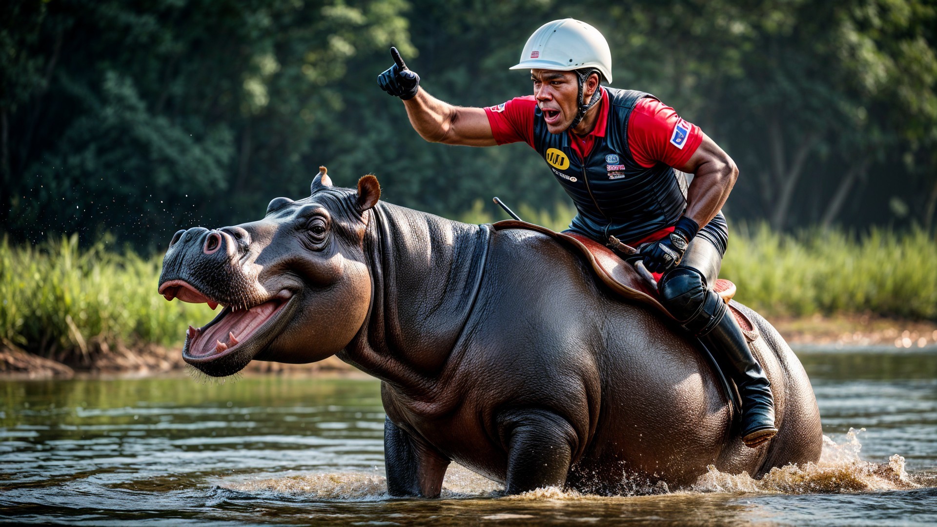 Rider on Hippopotamus in Vibrant River Scene