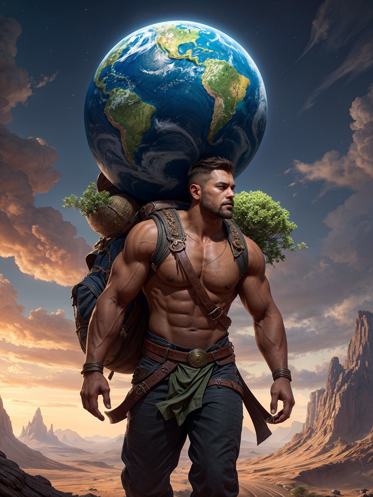 Muscular Man Carrying Globe in Dramatic Landscape