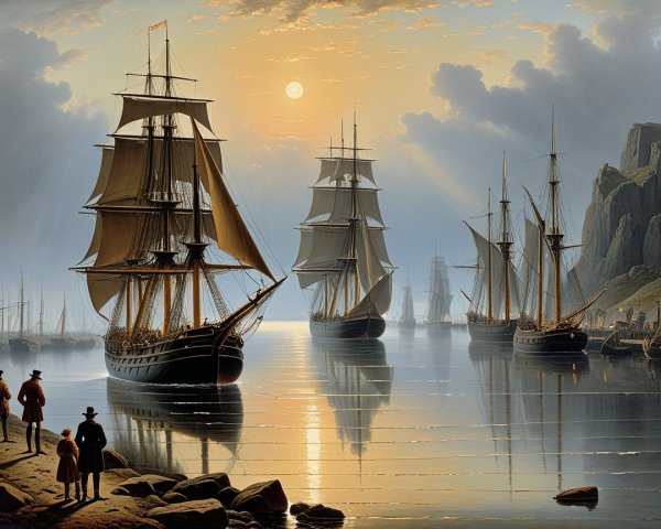 Tranquil Sunrise Harbor with Tall Ships and Cliffs