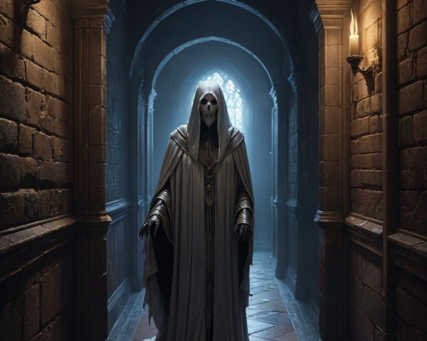 Cloaked Figure in Dimly Lit Stone Corridor