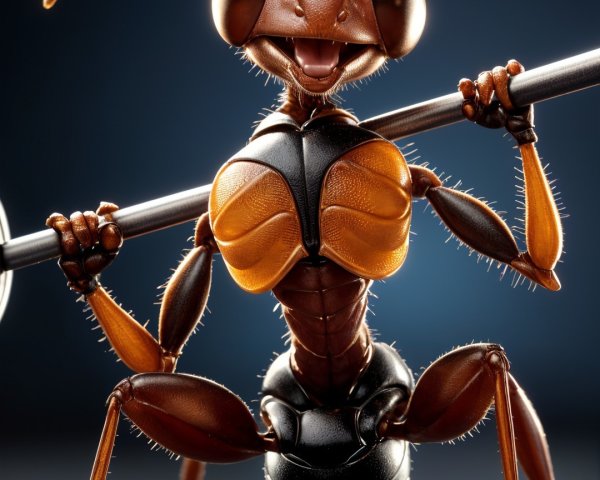 Cartoon Ant with Barbell in Whimsical Setting