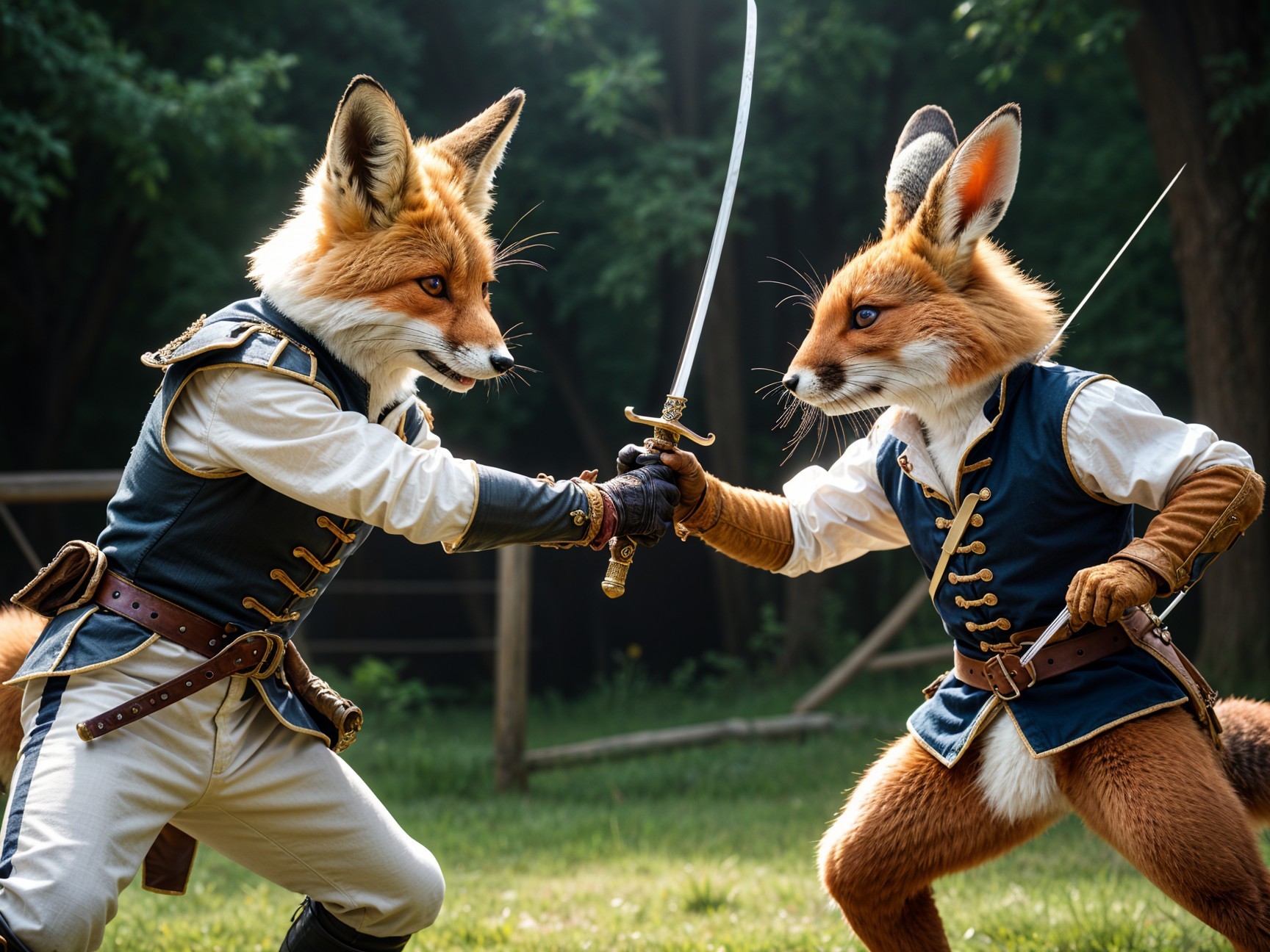 Foxes in Historical Outfits Duel in a Forest Setting