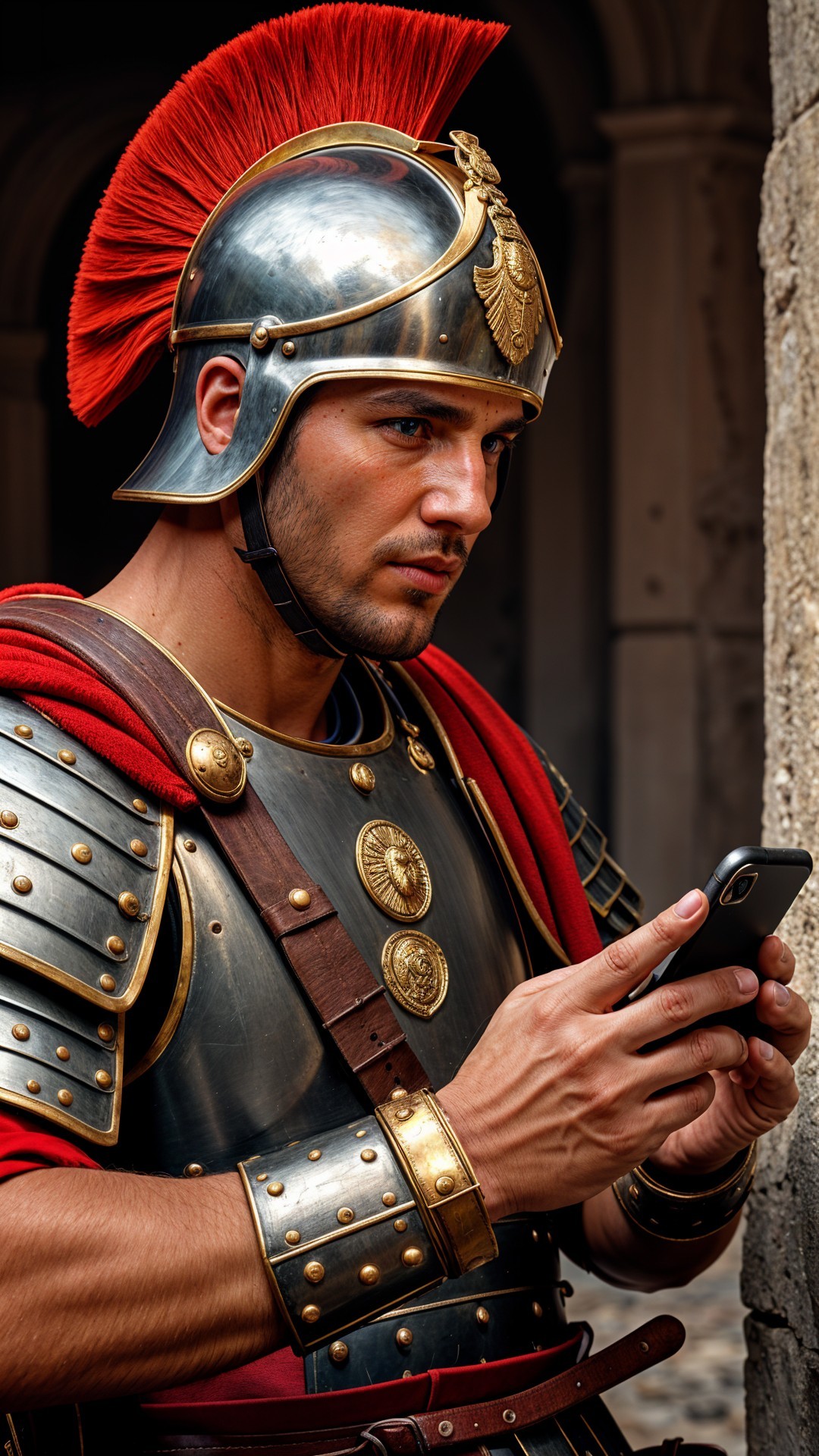 Roman Soldier in Armor Using a Smartphone