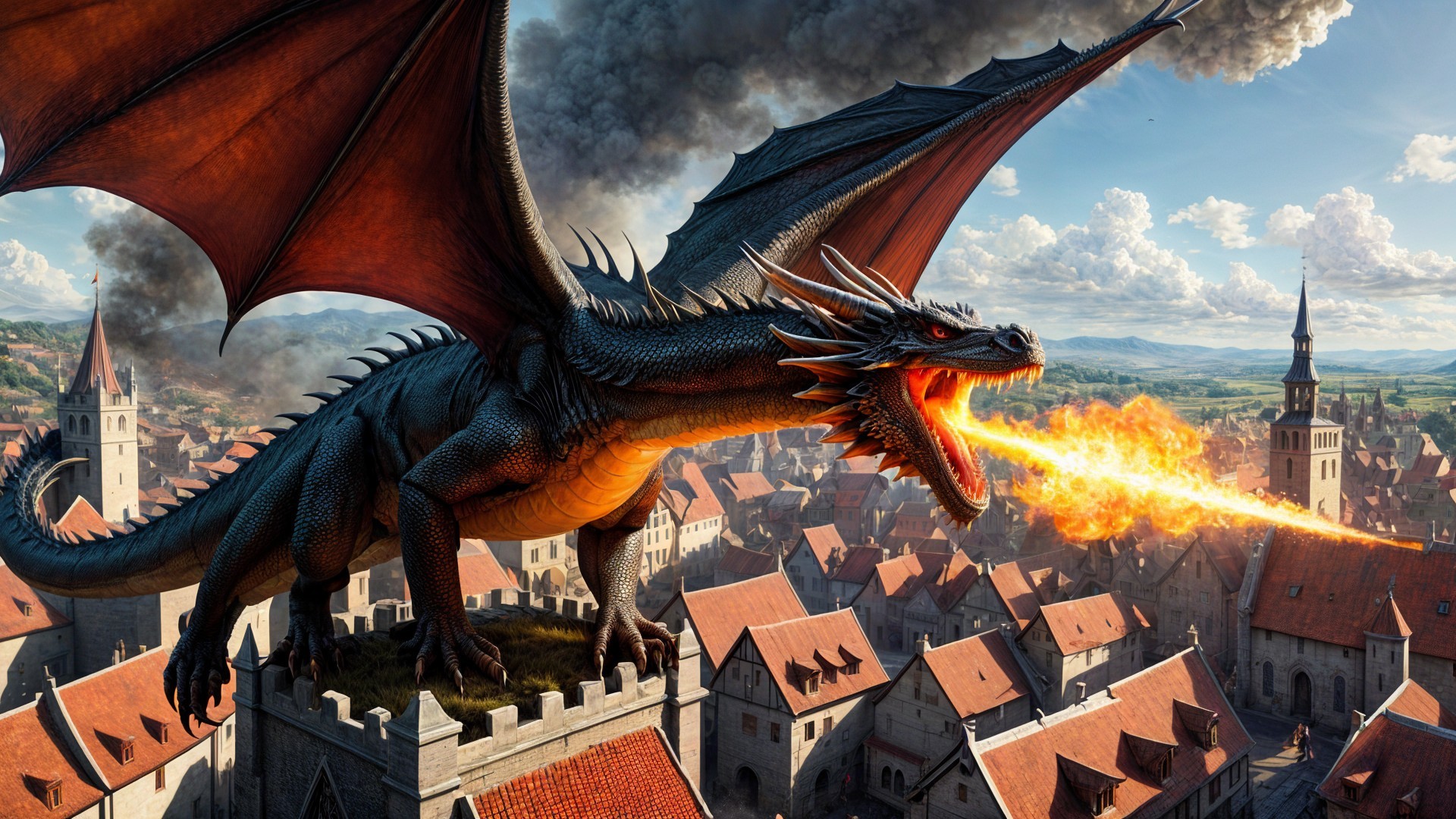 Dragon Over Medieval Town with Dramatic Sky