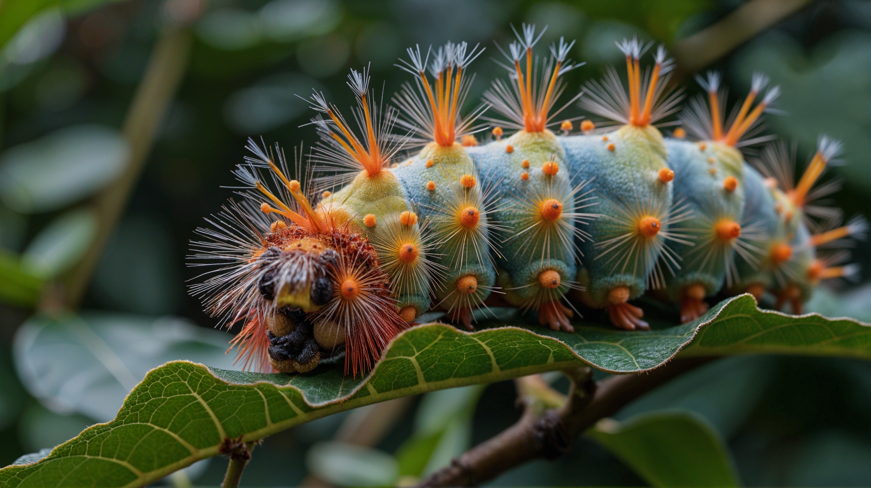 Vibrant Caterpillar on Green Leaf with Colorful Spines