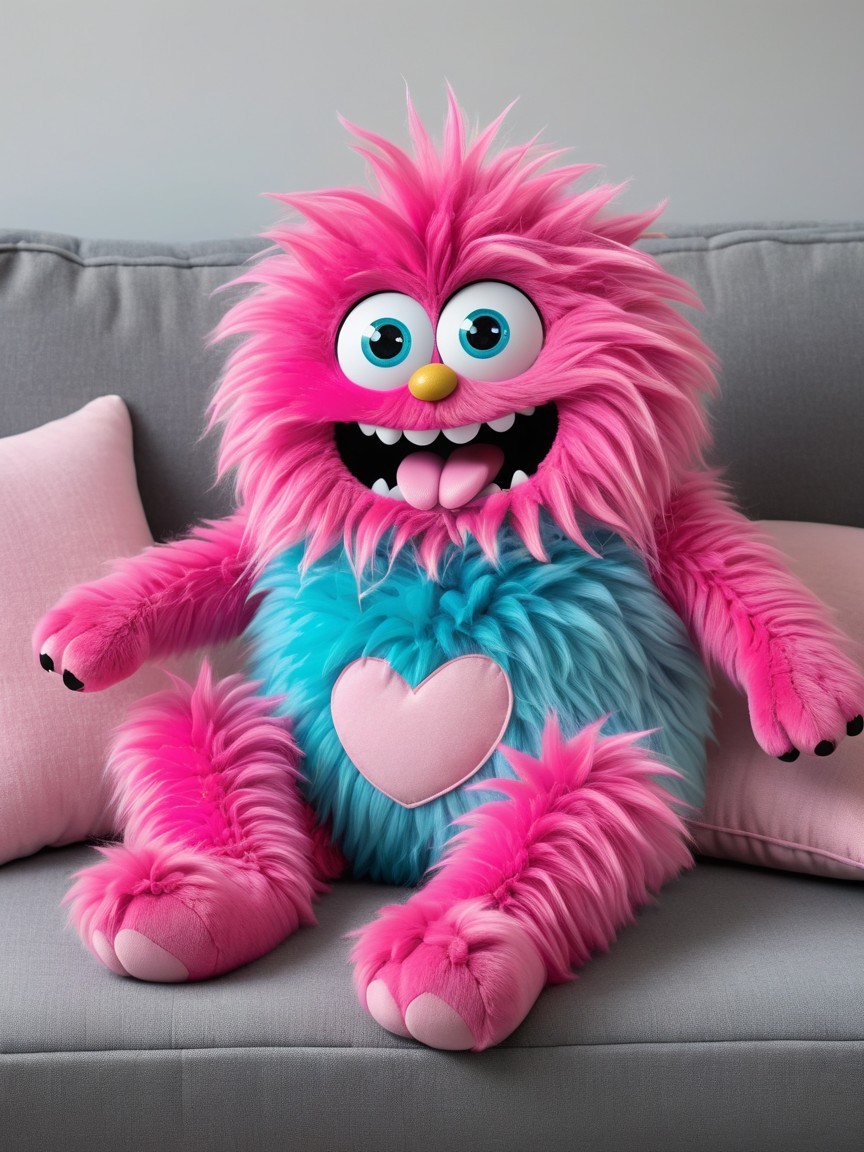 Fluffy Pink Monster Plush Toy on Couch with Pillows
